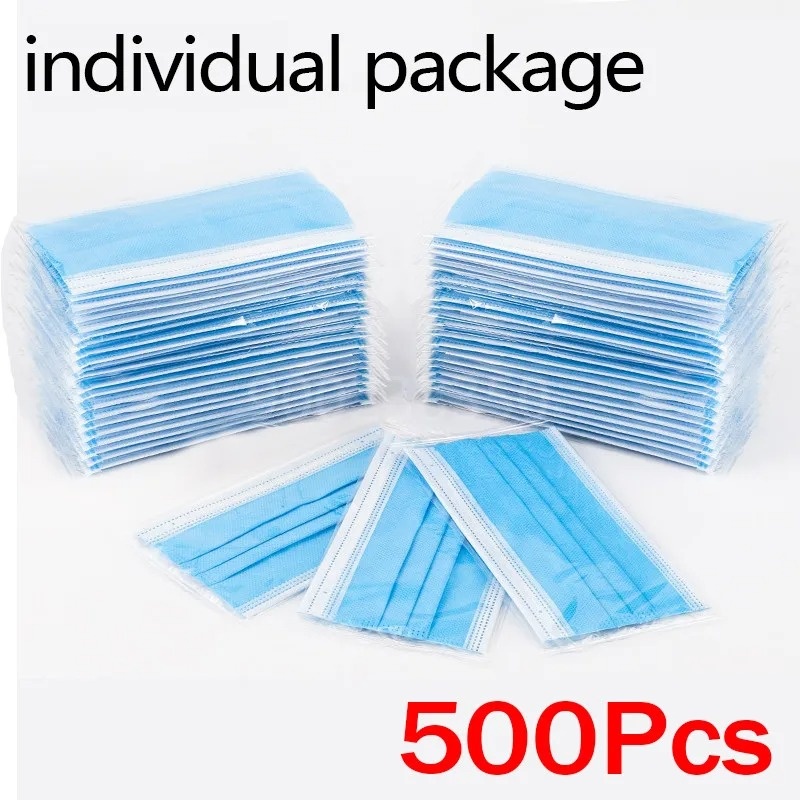Disposable Mask Blue - 50-500 ชิ้น หน้ากากแบบใช้แล้วทิ้งสำหรับผู้ใหญ่ บรรจุภัณฑ์แยกชิ้น หน้ากากกรองละอองฝอย หน้ากากแบบไม่ทอ