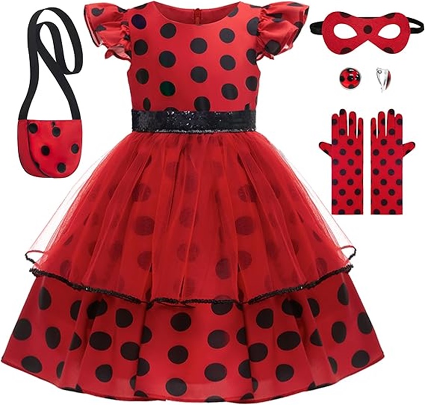Kids Face Mask - สาวคอสเพลย์เครื่องแต่งกาย Polka Dot สีแดงพร้อมกระเป๋าถุงมือหน้ากากต่างหูสําหรับเด็ก Bug ฮาโลวีนชุดวันเกิด
