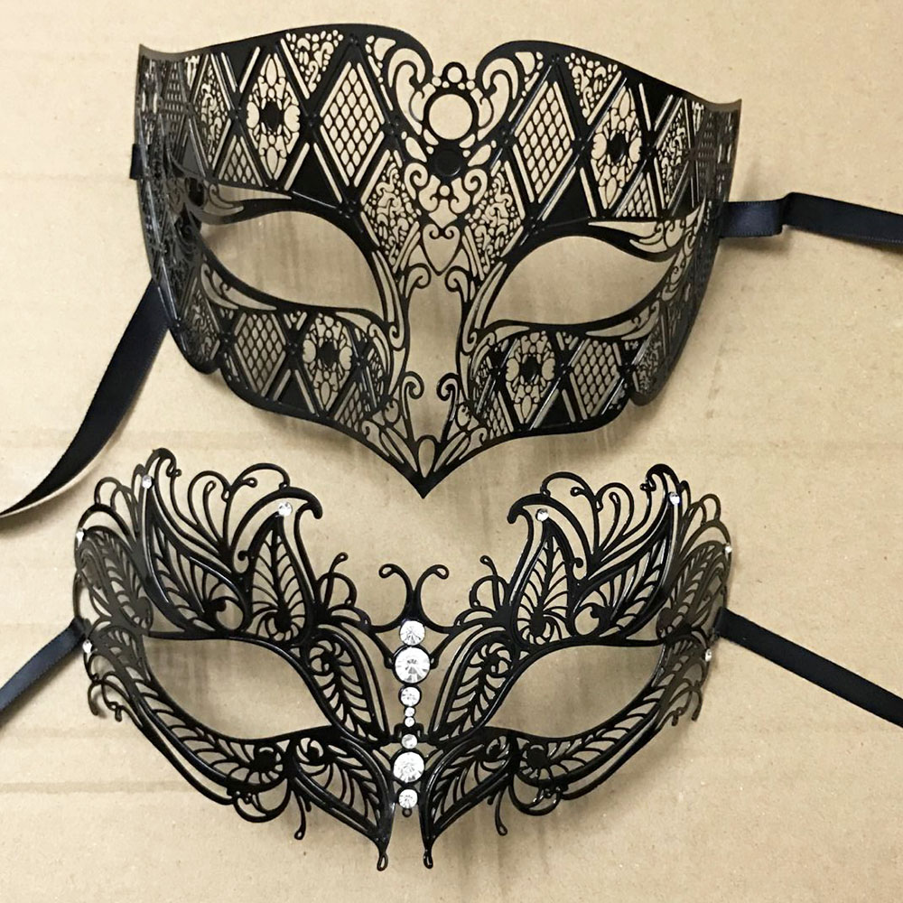 Black Face Mask Pack - เงินผู้ชายผู้หญิงคู่รักคู่ Venetian หน้ากากสีดำโลหะเลเซอร์ตัด XMAS เครื่องแต่งกายแสดงงานแต่งงาน Masquerade