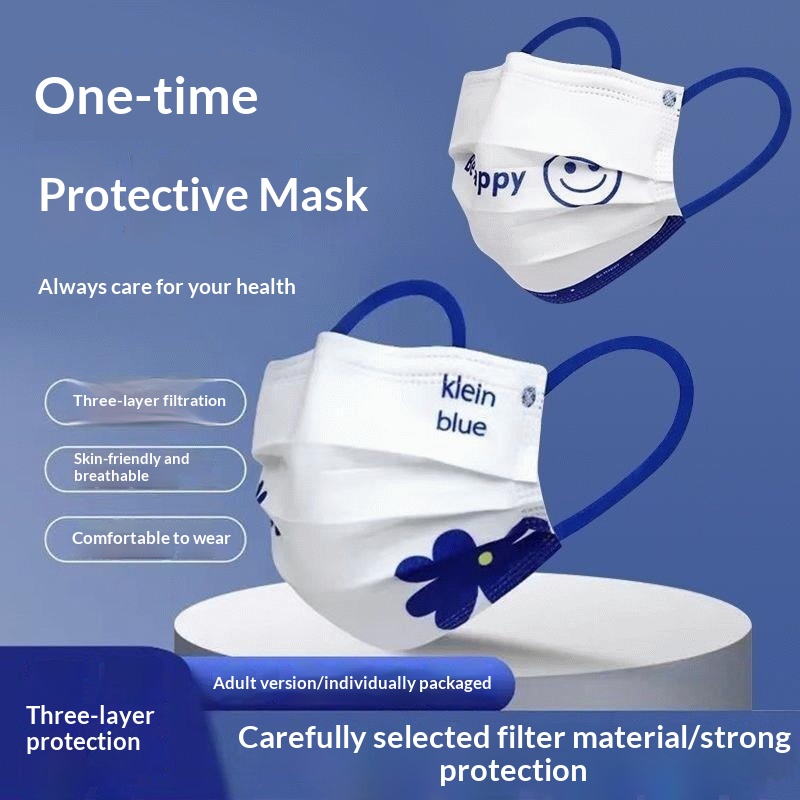 Disposable Mask Blue - หน้ากากอนามัยแบบใช้แล้วทิ้งสีน้ำเงินคลายน์คุณภาพสูง ดีไซน์ทันสมัย แบบแบน สำหรับผู้ใหญ่ ลายพิมพ์สวยงาม บรรจุภัณฑ์แยกชิ้น